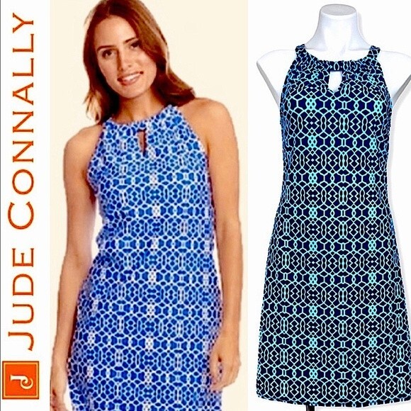 Jude Connally Lisa Blue Print Halter Dress S Coastal Sun Summer Beach Preppy - Picture 3 of 10
